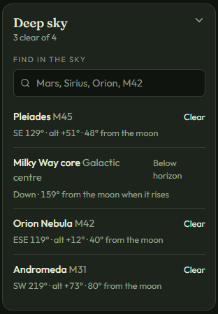 The Deep sky box, listing the Pleiades, the Milky Way core, the Orion Nebula and Andromeda, with how far each sits from the moon.